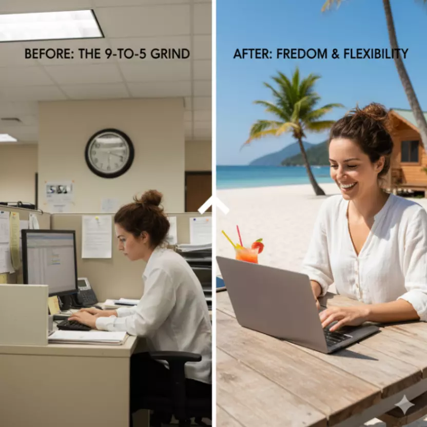 A split image or a collage demonstrating the "before and after" of starting an online business. One side shows a tired person at a dull office desk with a clock, representing the 9-to-5 grind. The other side shows the same person smiling, working from a vibrant, scenic location (like a beach with a laptop, or a mountain cabin), symbolizing freedom and flexibility.