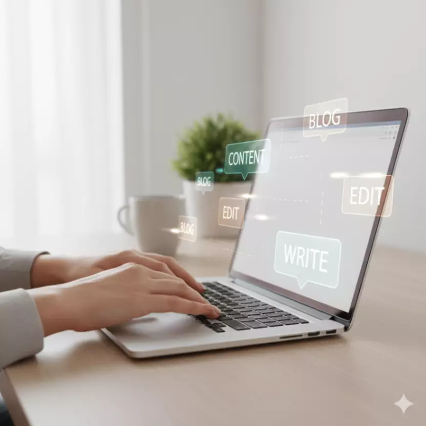 A close-up of hands typing on a laptop keyboard, with words like "Content," "Blog," "Edit," and "Write" appearing as a digital overlay or subtle motion graphics on the screen. The setting is a clean, minimalist home office.