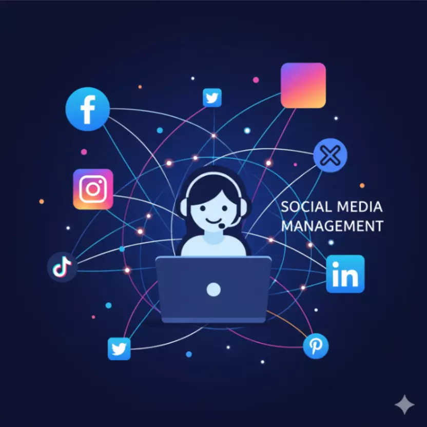 A vibrant illustration or graphic showcasing various social media icons (Facebook, Instagram, X, LinkedIn, etc.) connected by a network of lines, with a central figure (stylized person or icon) managing them from a laptop or tablet. The style should be modern and engaging.