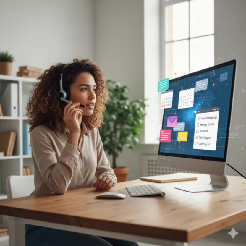 A female confidently speaking into a headset while looking at a computer screen, with a digital overlay showing various tasks like a calendar, email inbox, and a to-do list, symbolizing a virtual assistant's role. The environment is a professional home office.