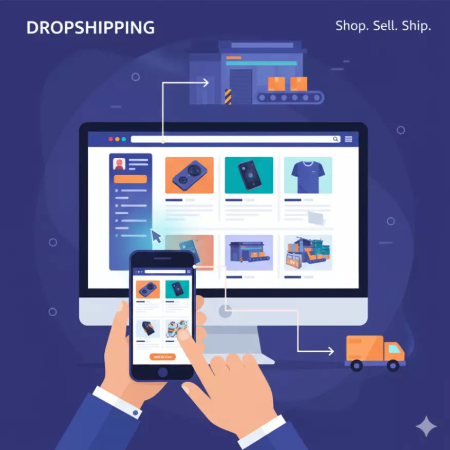 A stylized e-commerce website interface on a computer screen, displaying various products. In the foreground, hands are holding a smartphone, seemingly browsing or making a purchase. The background subtly hints at a warehouse or shipping facility, connecting the front-end sale to the back-end logistics without showing physical inventory.