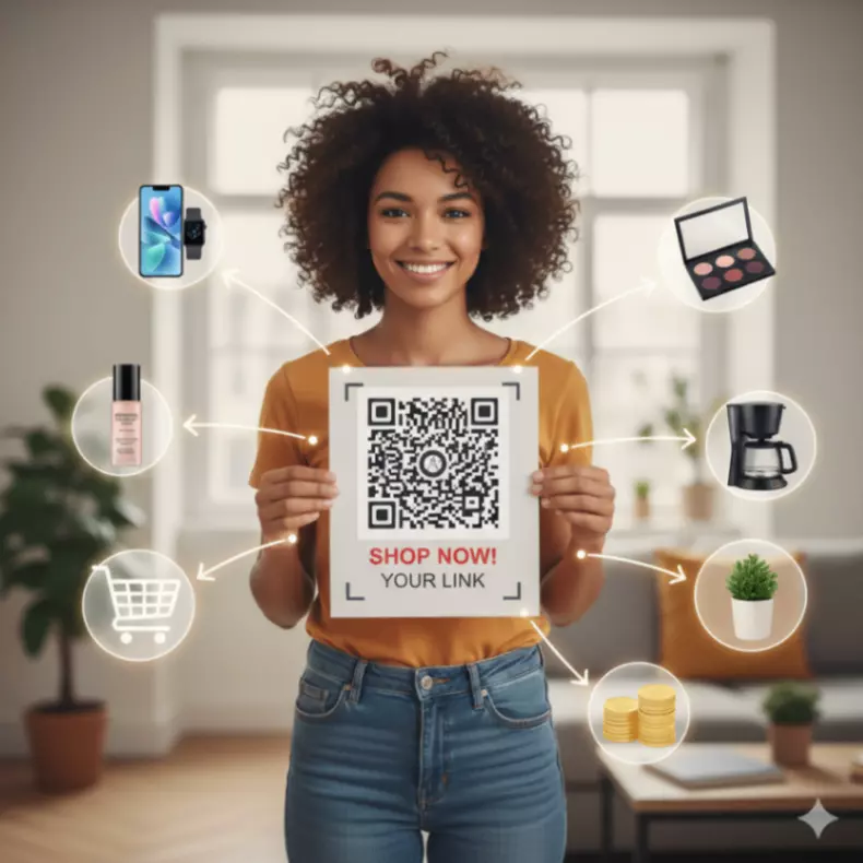 A visually compelling image representing affiliate marketing. This could be a person holding up a sign with a QR code or a link, surrounded by product images from different categories (e.g., tech, beauty, home goods), with arrows pointing from the person to the products, indicating promotion.