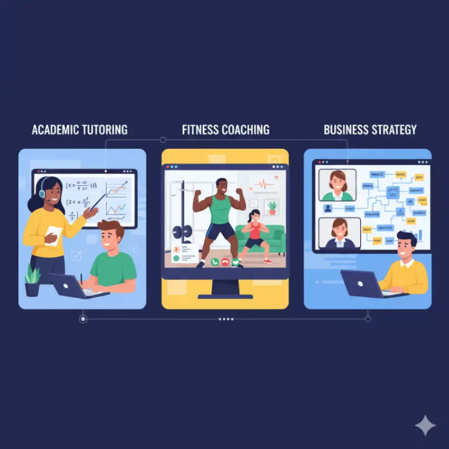 A split image or graphic showing a diverse set of online tutoring/coaching scenarios: one person teaching a student virtually (math/science), another coaching a client on fitness via video call, and a third leading a business strategy session. Emphasize interaction and learning.