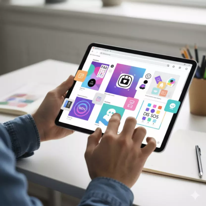 Hands holding a tablet or laptop, actively designing something vibrant and modern using a tool interface (like Canva). Various design elements (icons, fonts, shapes) are floating around or integrated into the display, showcasing the creative process with free tools.
