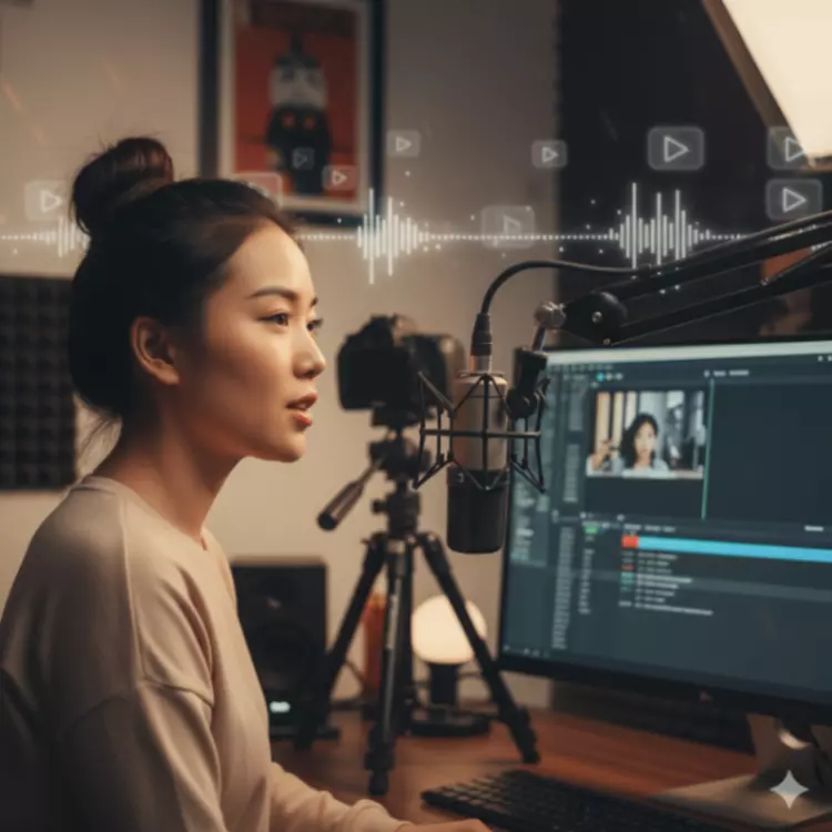 A person speaking into a professional-looking microphone (for podcasting) or looking confidently into a camera (for YouTube), with sound waves or video play buttons subtly integrated into the background, symbolizing content creation