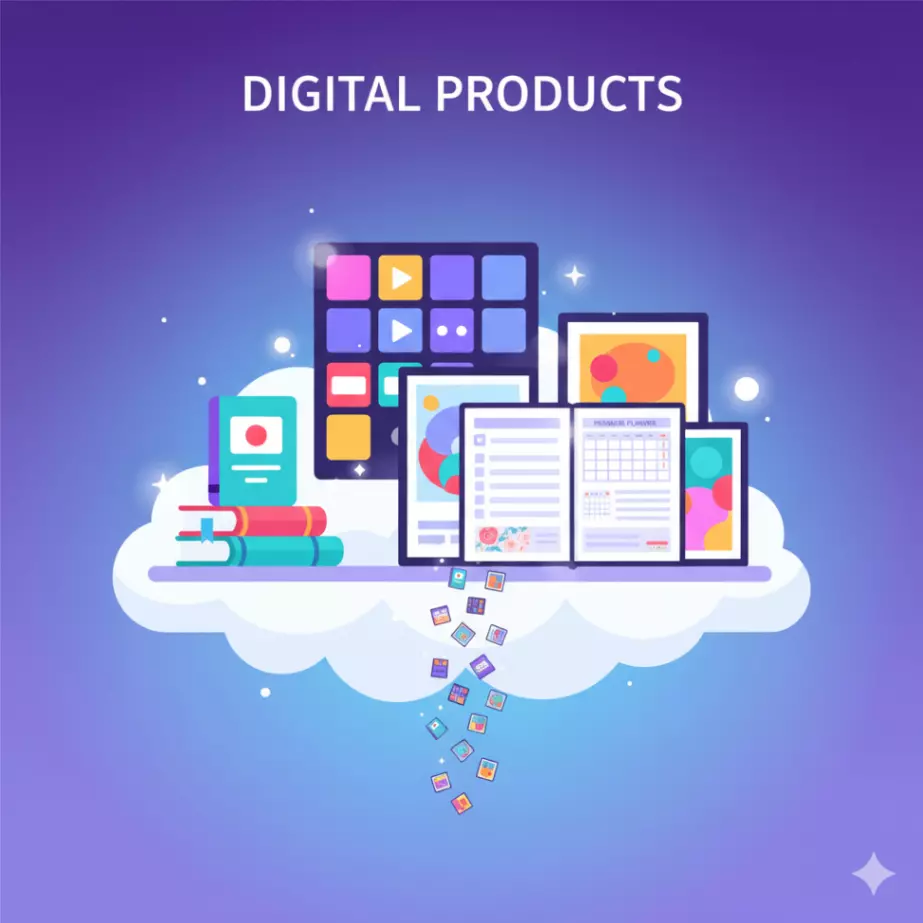 An illustration of various digital products (e-book icon, online course module, printable planner template, digital art) neatly arranged on a stylized digital shelf or cloud, representing ease of access and unlimited copies.
