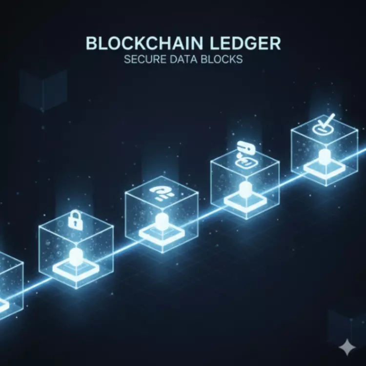 A 3D-style visualization of a blockchain ledger, showing glowing, transparent cubes connected in a chain. Each block contains futuristic data icons representing transactions, security, and verification, set against a dark blue background.