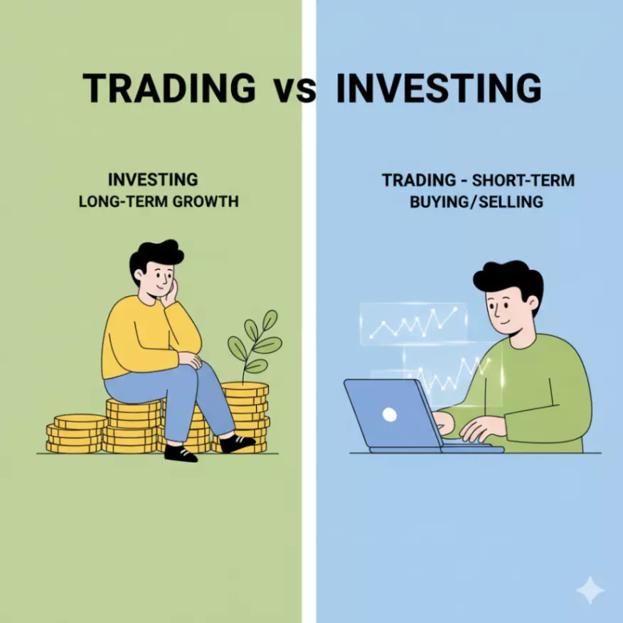 A split-screen illustration comparing "Investing" and "Trading." The left side shows a person calmly sitting on a stack of coins next to a growing plant, labeled "Investing - Long-term Growth." The right side shows a person actively watching charts on a laptop, labeled "Trading - Short-term Buying/Selling."