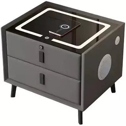 Smart Meble solid wood nightstand with wireless charging, fingerprint lock, and ambient lighting, elegant smart home furniture gadget 2025.