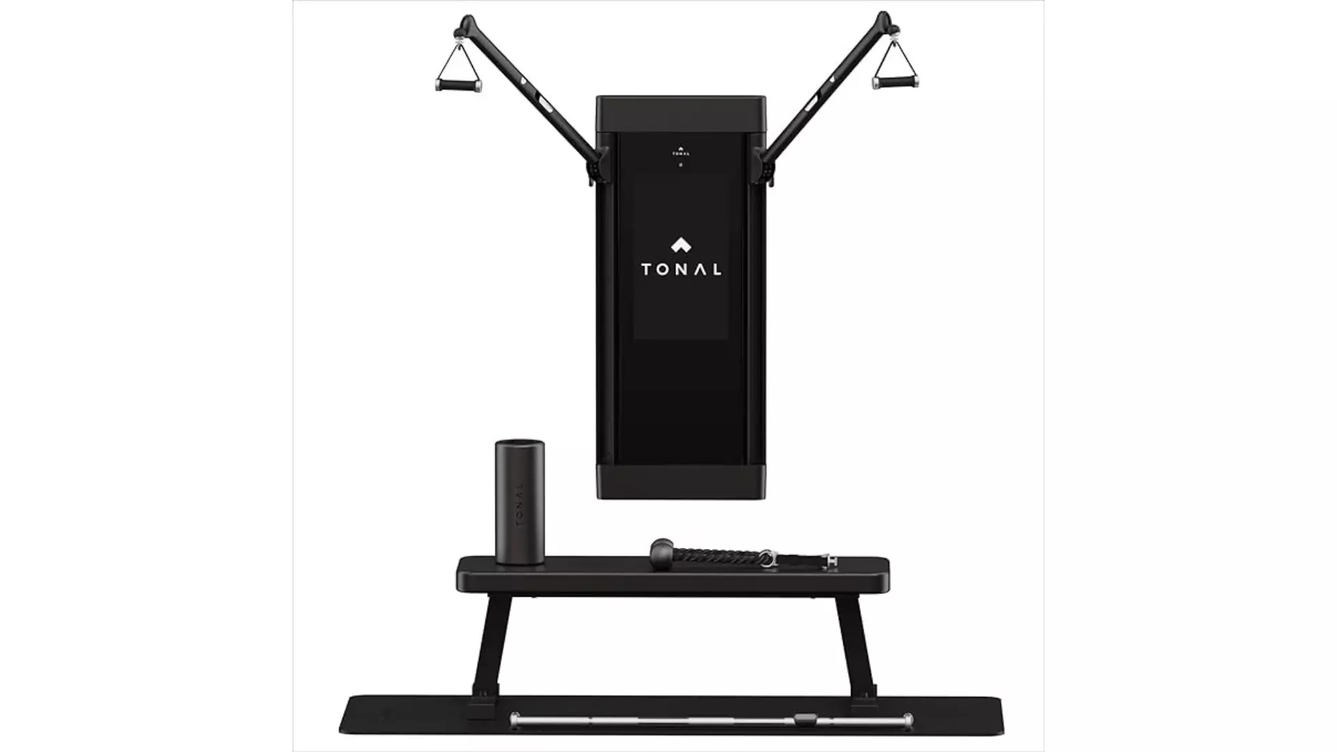 The Tonal 2 Strength Training System, a wall-mounted smart gym with adjustable arms. A workout bench, smart bar, and mat are positioned in front of the unit against a white background.