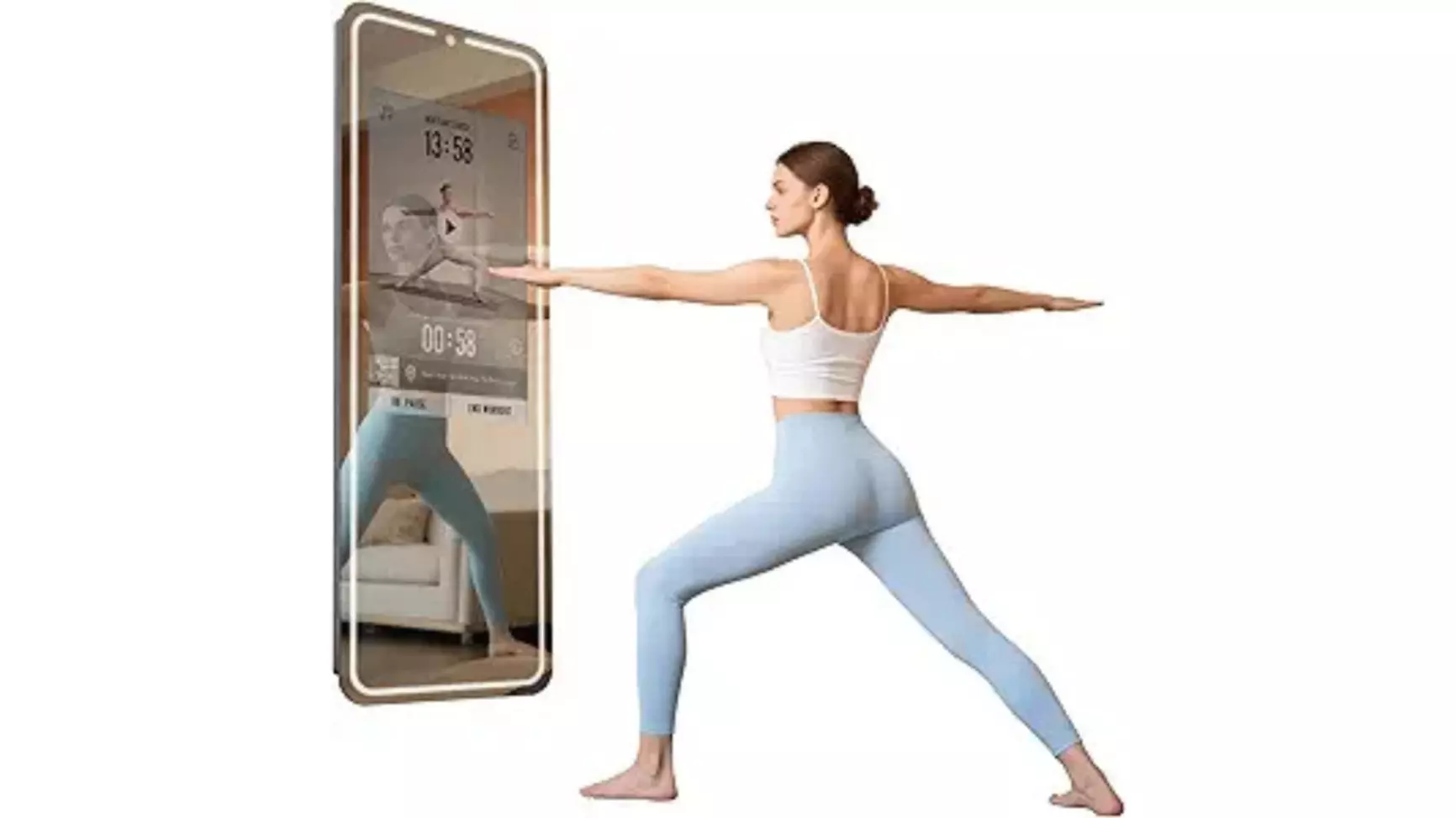 A woman performing a yoga pose in front of the RIXZSIW Smart Gym Mirror, which displays a virtual fitness class and workout metrics over her reflection.