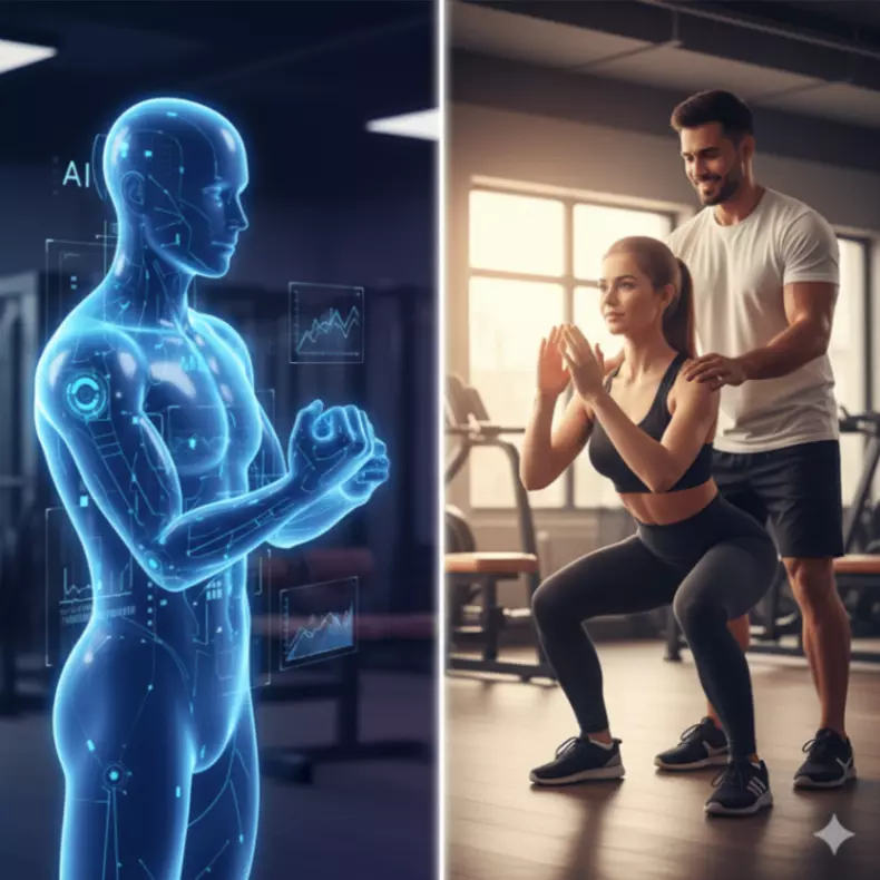 Split image contrasting a glowing holographic AI personal trainer with a human trainer assisting a client performing squats in a gym.
