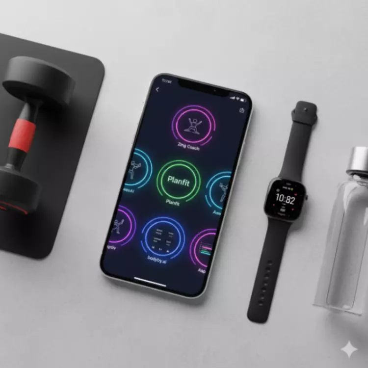 Flat lay of a smartphone showing AI fitness apps like Zing Coach, Planfit, and bodyby.ai, alongside a dumbbell, smartwatch, and water bottle.