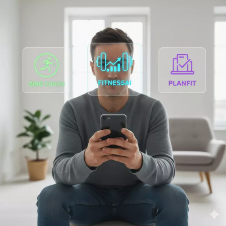 Person comparing AI fitness coach apps like Zing Coach, FitnessAI, and Planfit on a smartphone, making a smart decision for personalized fitness.