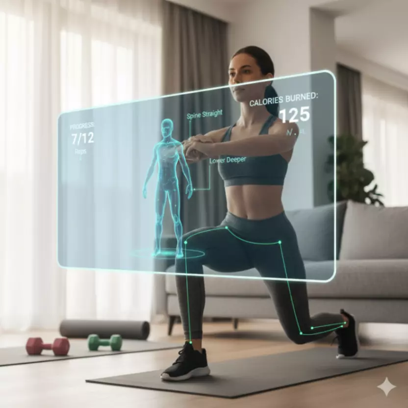 Woman doing lunges at home, guided by a holographic AI fitness coach displaying real-time progress, calorie burn, and form corrections.