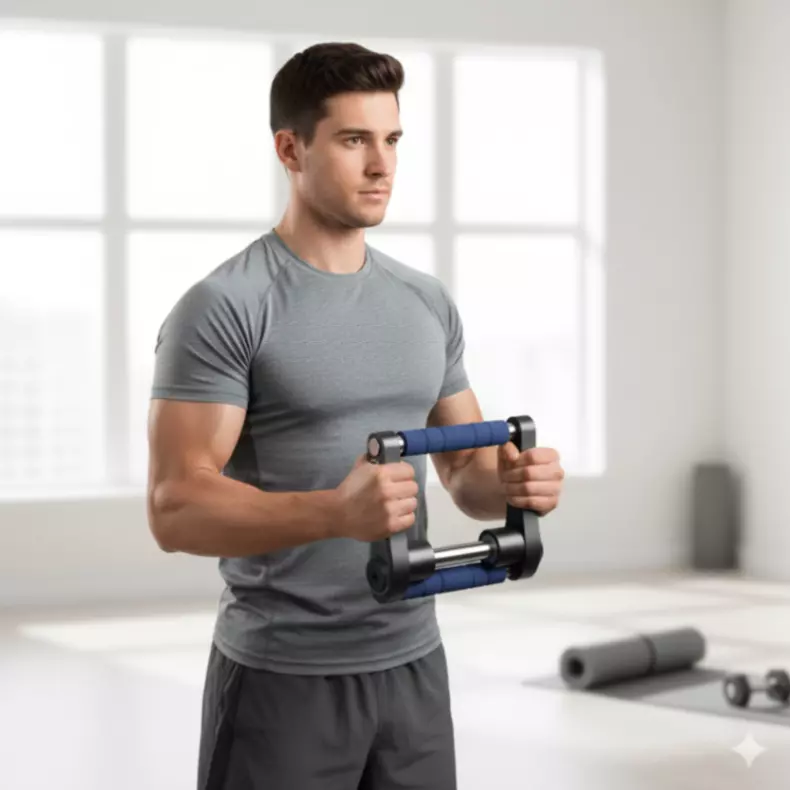 Man demonstrating hydraulic power twister arm trainer in a home gym. This image clearly shows the user engaging with the twister gym equipment for an upper body workout, highlighting its ergonomic design and resistance training benefits for chest and arm muscles.