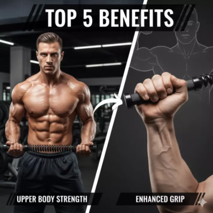 A split image illustrating the benefits of a power twister bar. On the left, a muscular man performs a chest press with the twister, labeled Upper Body Strength. On the right, a strong hand grips the bar, labeled Enhanced Grip.
