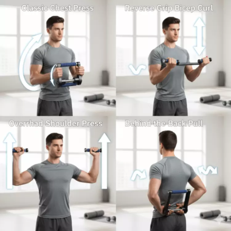 A four-panel image demonstrating a complete power twister workout routine with a male model. Each panel illustrates a distinct exercise for upper body strength: Classic Chest Press (inward bend), Reverse Grip Bicep Curl, Overhead Shoulder Press, and Behind-the-Back Pull. White arrows indicate the motion for each twister bar exercise, making it a clear workout guide.