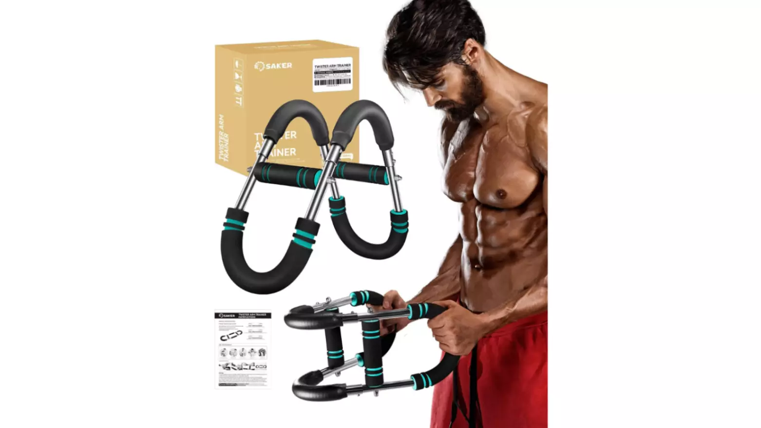 A composite image featuring a muscular man using a Saker Twister Arm Trainer with black and teal padded handles, demonstrating an upper body exercise. The product's packaging box and a pair of the hydraulic twister arm trainers are also shown, highlighting the adjustable resistance arm exerciser.