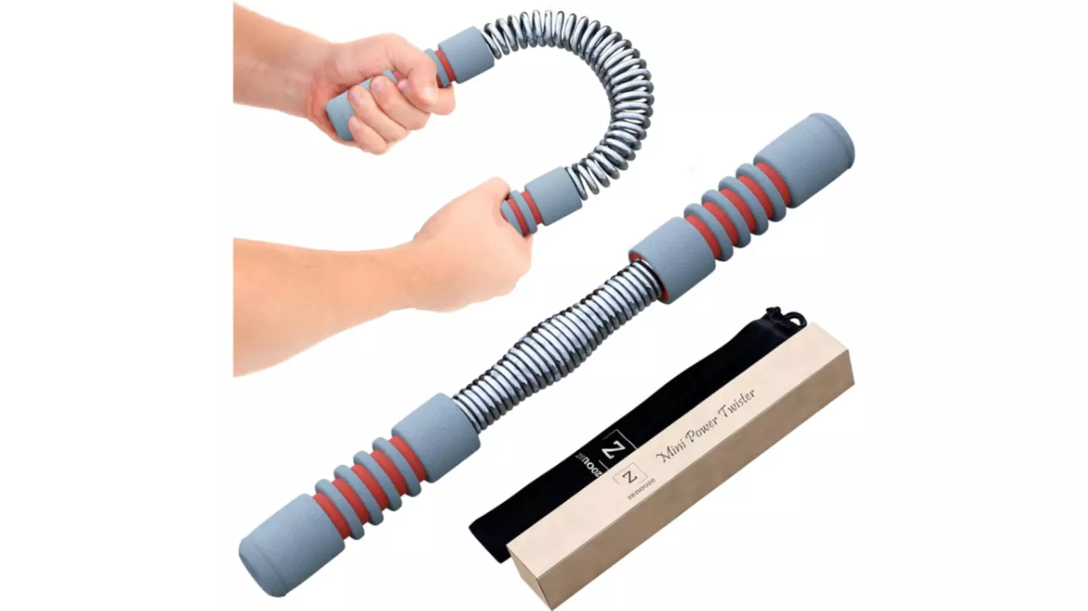 An overhead shot of a Spring Power Twister arm exerciser, shown both straight and bent. It features grey foam handles with red accents. Alongside it is its retail packaging, a beige box with a black carrying bag, for portable arm strength training.