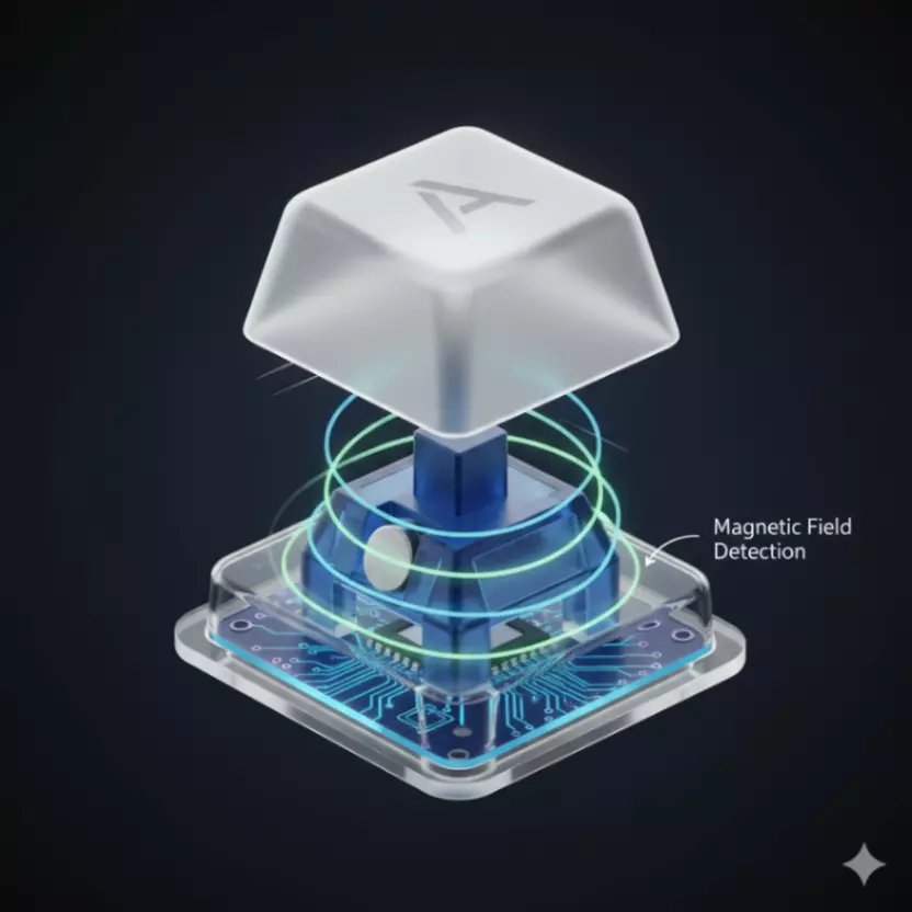 Diagram showing the inner workings of a Hall effect switch: a magnet in the key stem and a sensor detecting its position.