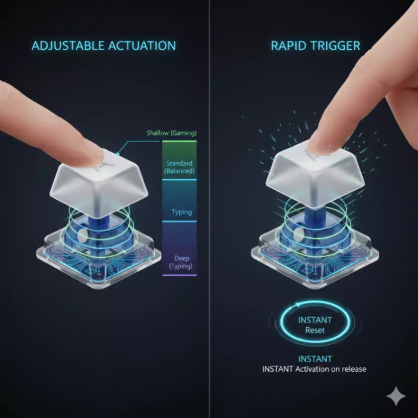 Infographic illustrating Hall effect features: Adjustable Actuation with multiple trigger points and Rapid Trigger showing instant key reset.