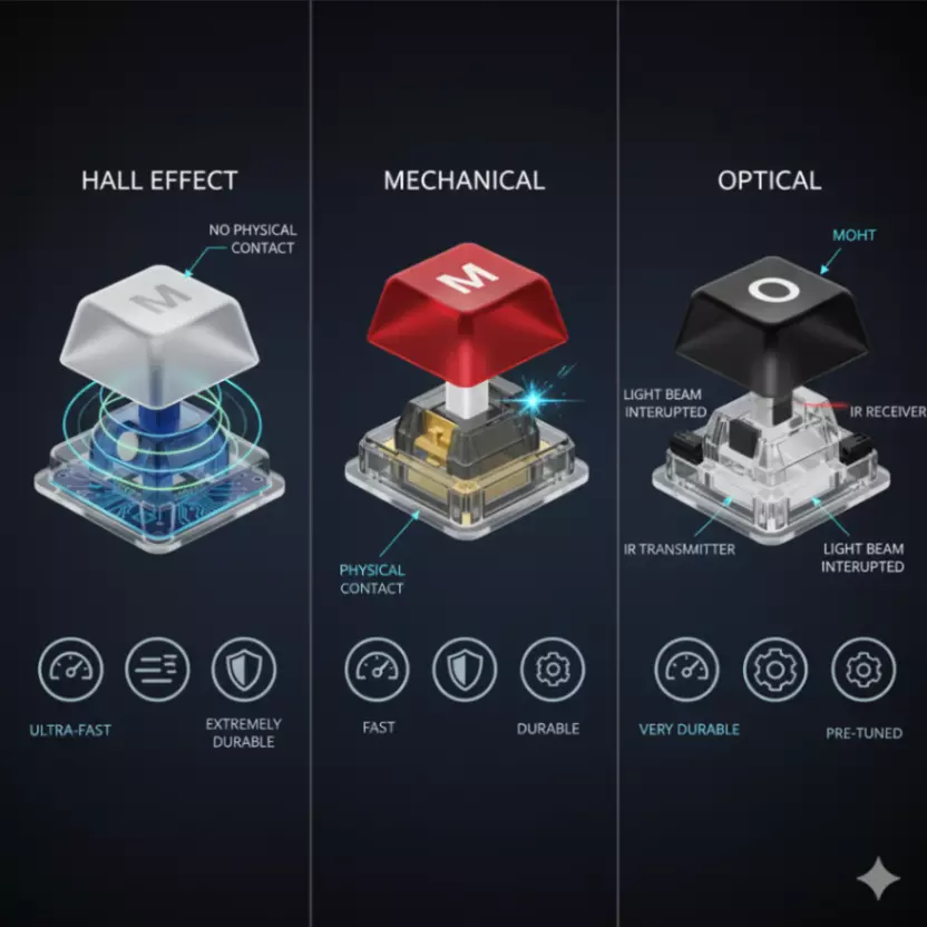 Visual comparison of Hall Effect, Mechanical, and Optical keyboard switches, highlighting their unique mechanisms and benefits.