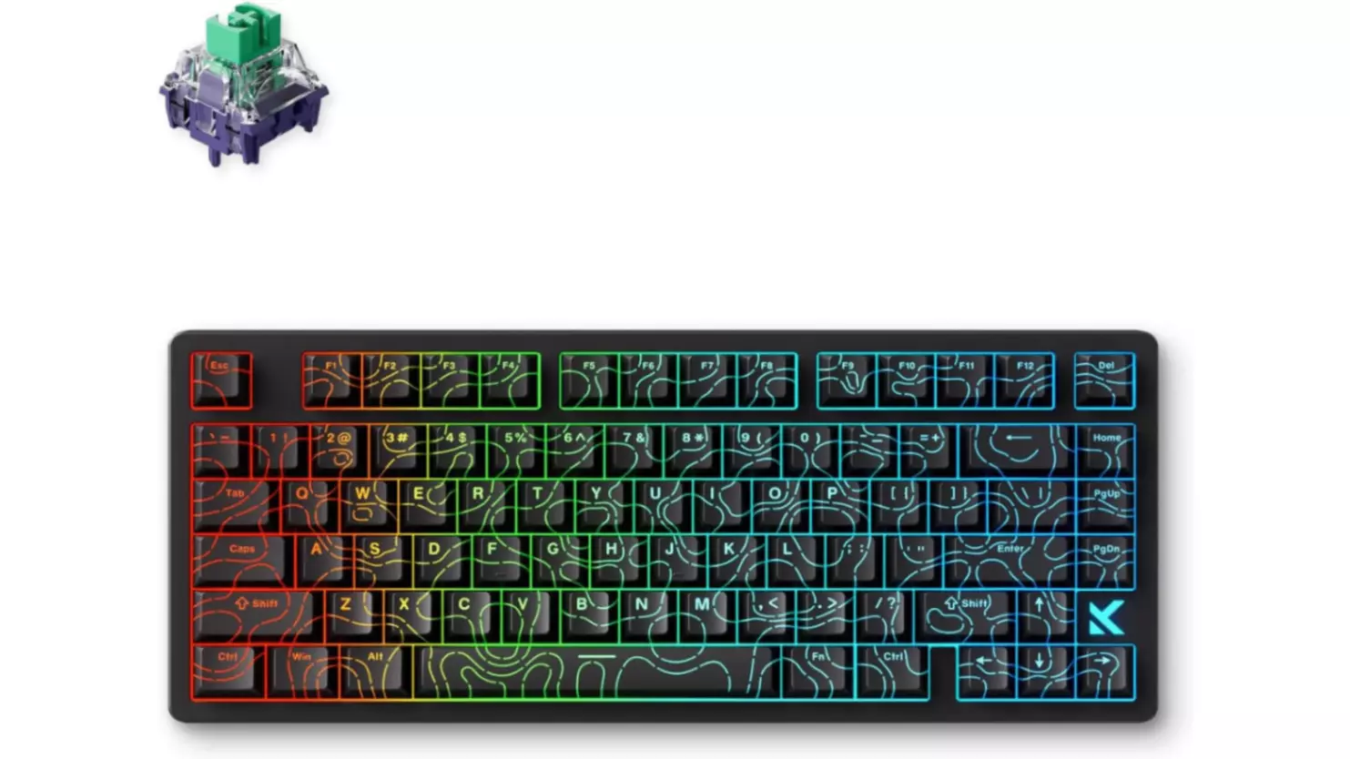 The MCHOSE Jet 75 budget hall effect keyboard, featuring a black case and distinctive rainbow-colored topographic map keycaps.