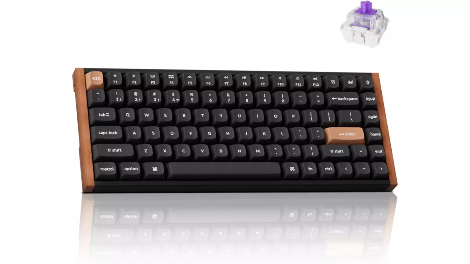 The Keychron K2 HE wireless hall effect keyboard, shown with its elegant wood-grain frame, black keycaps, and a Gateron magnetic switch in the corner.