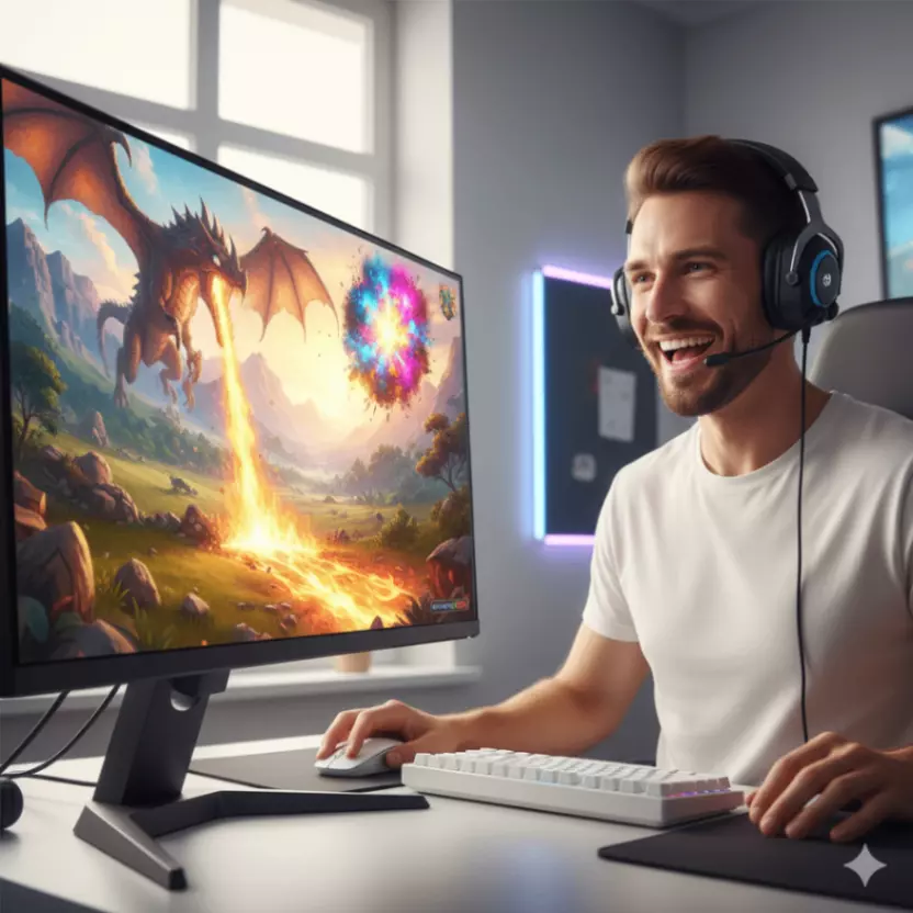 An energetic gamer with a happy expression, playing a vibrantly bright and colorful game on a Mini-LED monitor in a brightly lit, modern gaming room, demonstrating its superior HDR brightness.