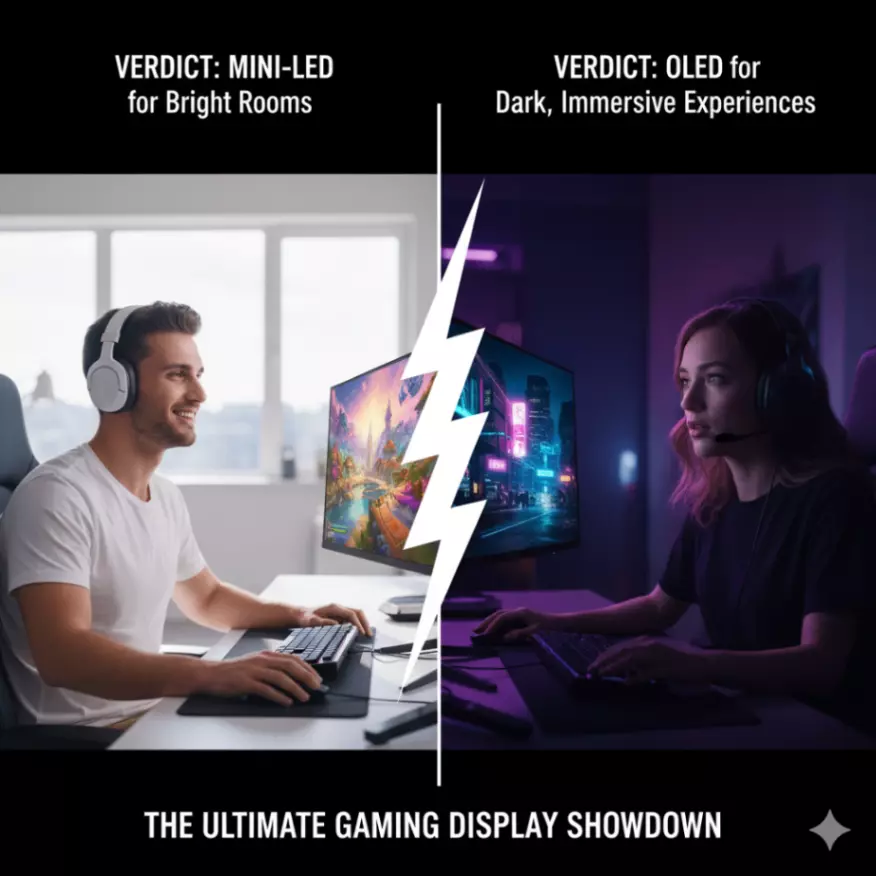 A split-screen image summarizing the verdict: on the left, a gamer in a bright room uses a vibrant Mini-LED, and on the right, a gamer in a dark room is immersed in a high-contrast OLED.
