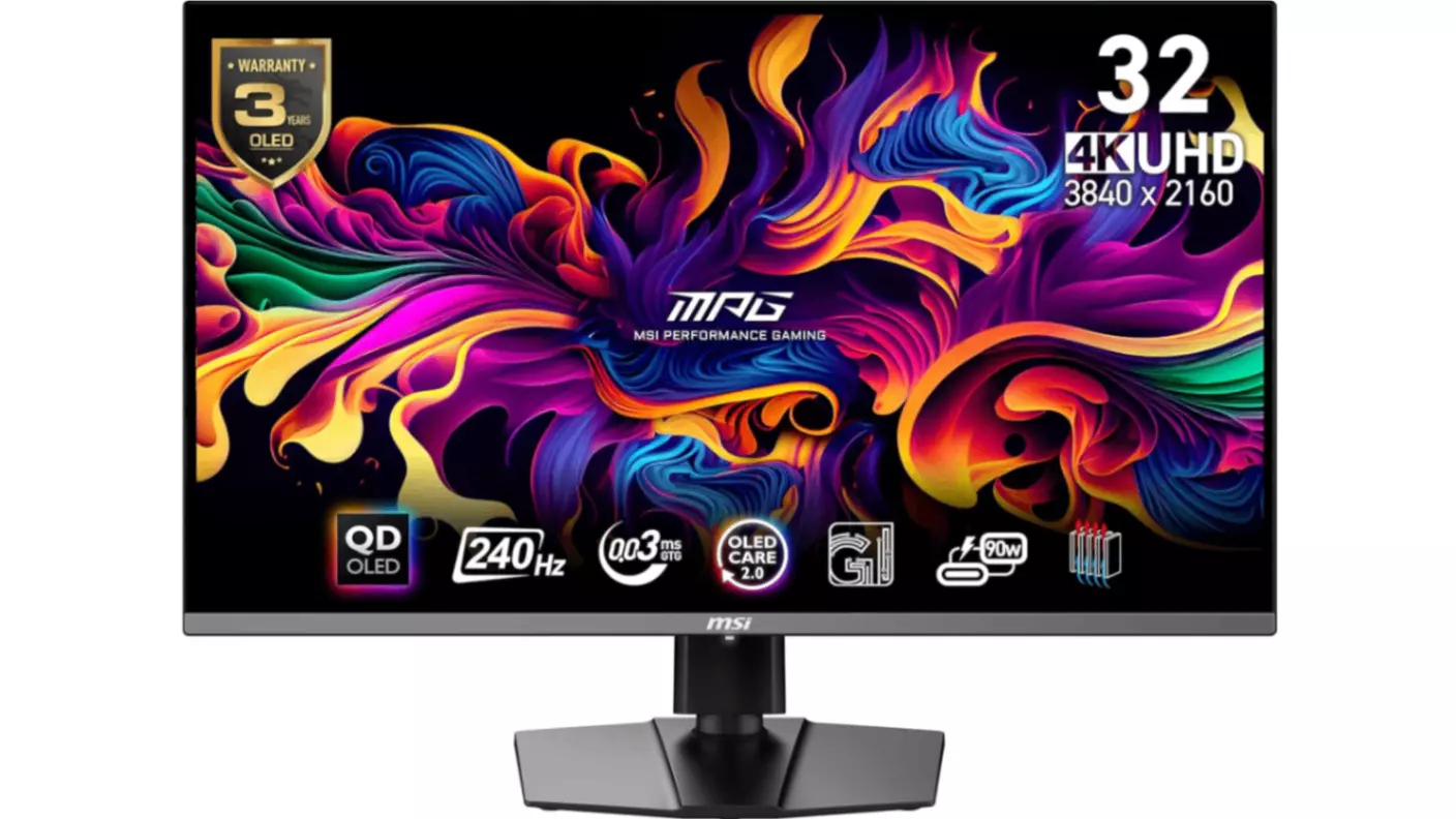 MSI MPG 321URX QD-OLED 4K gaming monitor on its stand, displaying a vibrant image.