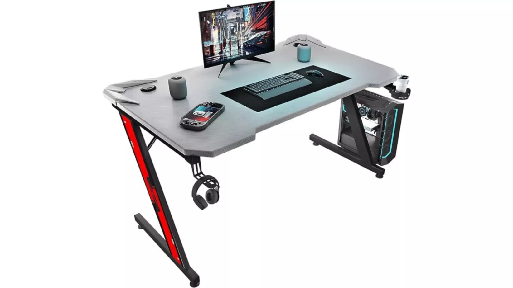 Homall 44-inch budget gaming desk with red Z-shaped legs and a carbon fiber top.