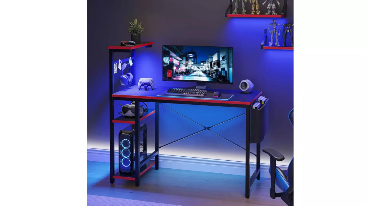 Bestier 44-inch gaming desk with a monitor riser and side storage basket.