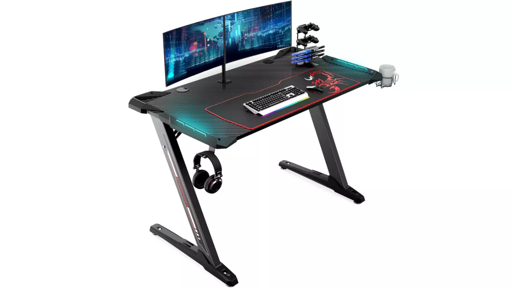 EUREKA ERGONOMIC Z1-S Pro gaming desk with Z-shaped legs and blue RGB lighting.