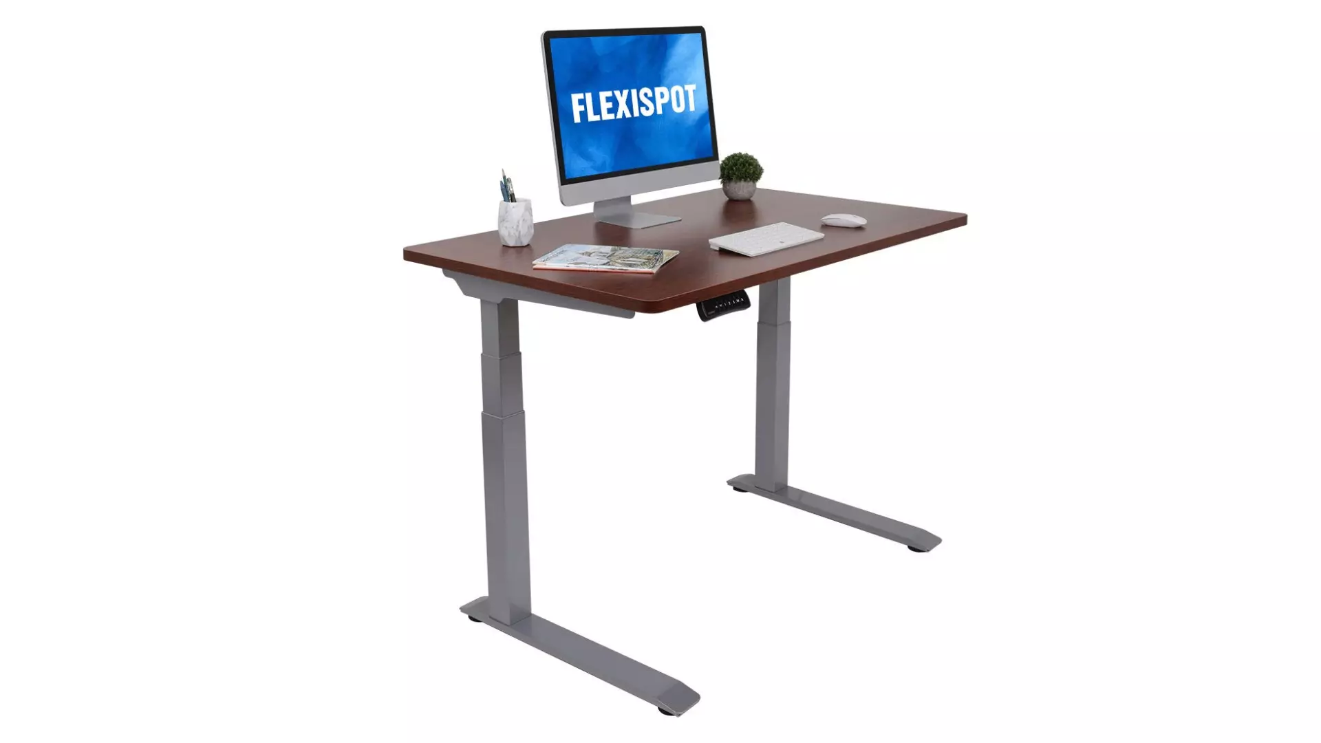 Flexispot E7 Pro 55-inch electric adjustable gaming desk with a light wood top.
