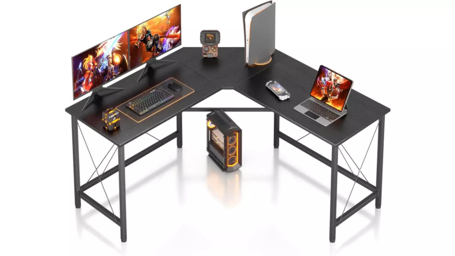 Mr IRONSTONE 59-inch l-shaped gaming desk with a rustic wood top and monitor shelf.