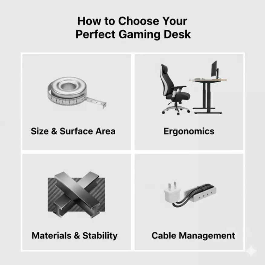An infographic for a gaming desk buyer's guide, showing icons for Size, Ergonomics, Materials, and Cable Management.