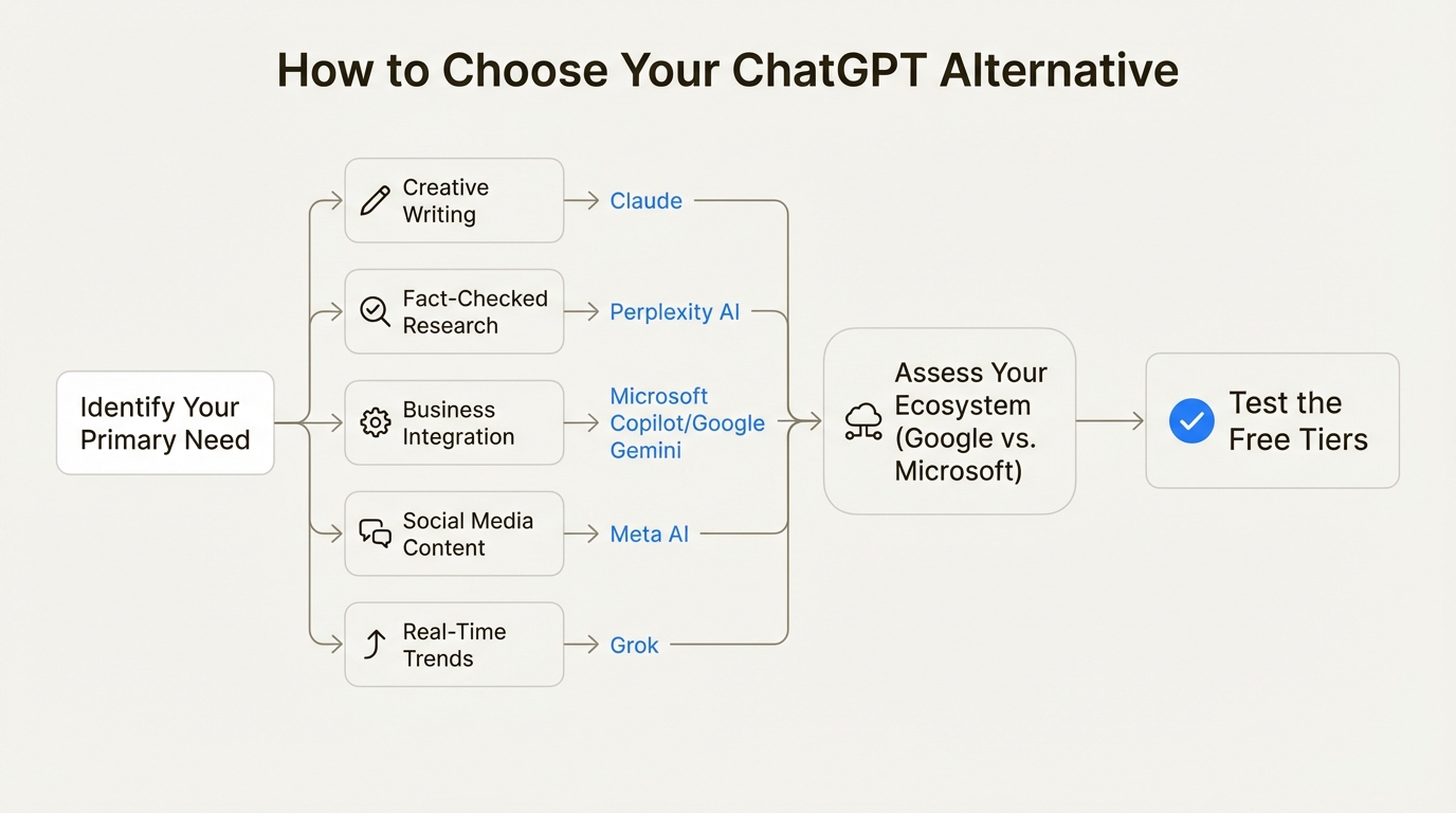 A workflow diagram showing the steps to choose the right ChatGPT alternative based on your needs, ecosystem, and testing.