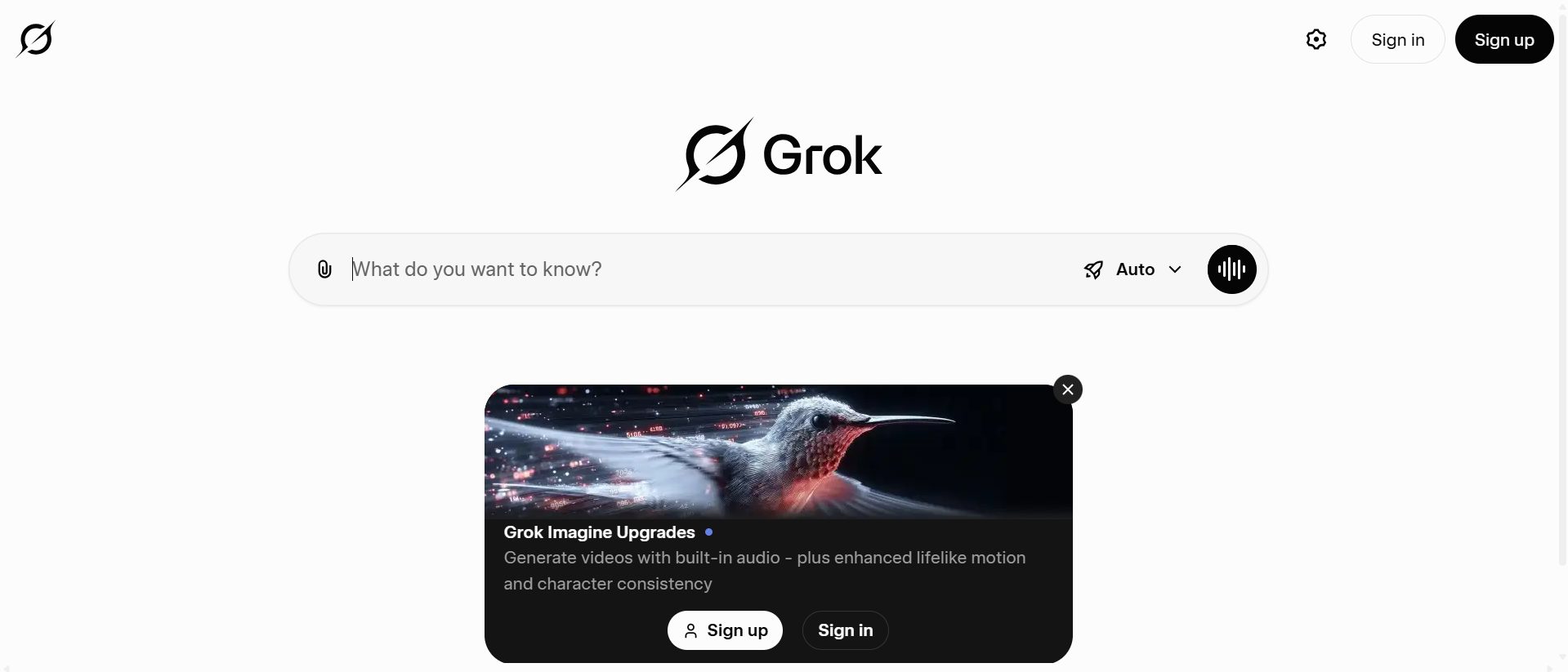 A screenshot of the Grok landing page, a ChatGPT alternative with real-time access to X data.