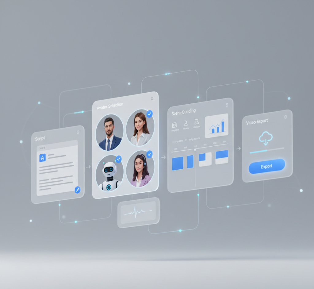 Workflow showing how an explainer video is created using AI avatar video generation tools