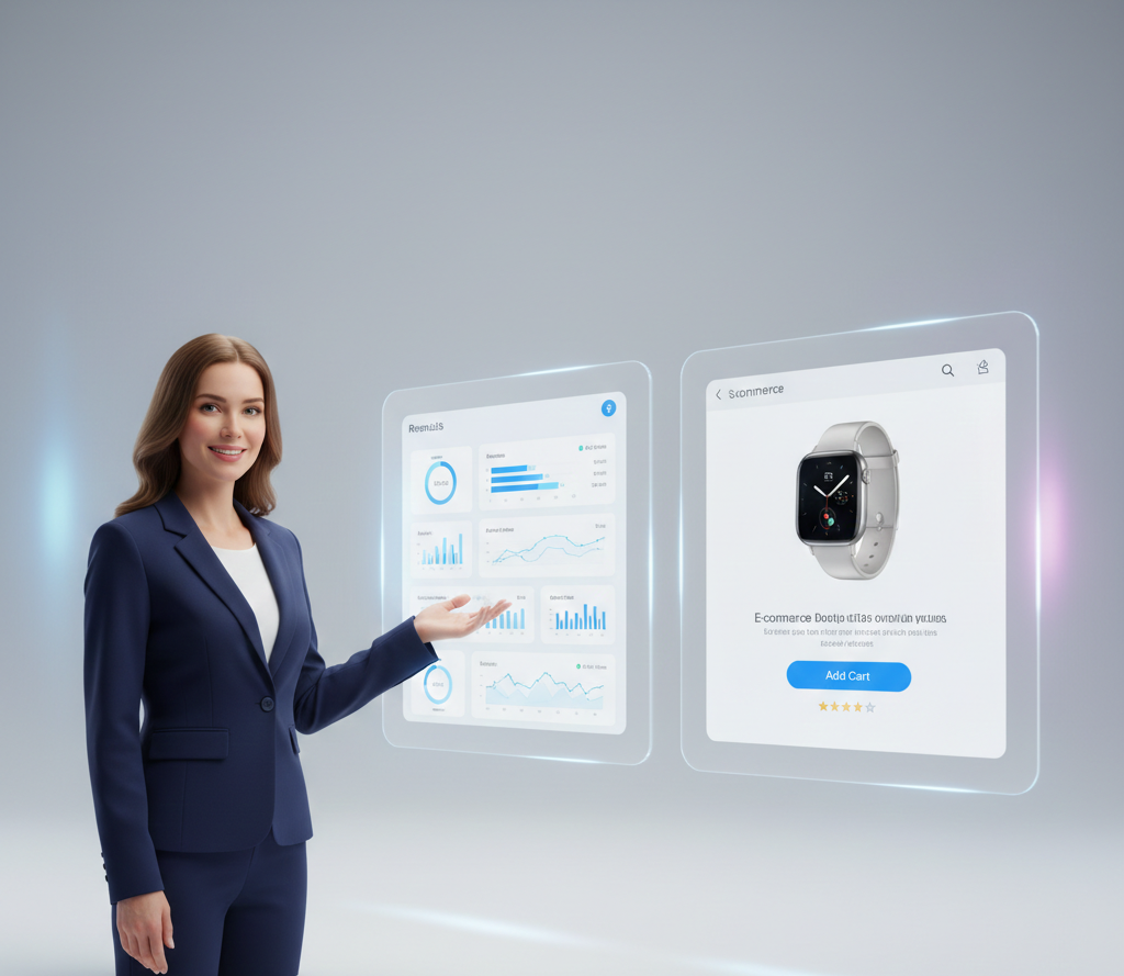 AI avatar explaining a SaaS dashboard and e-commerce product features in an explainer video