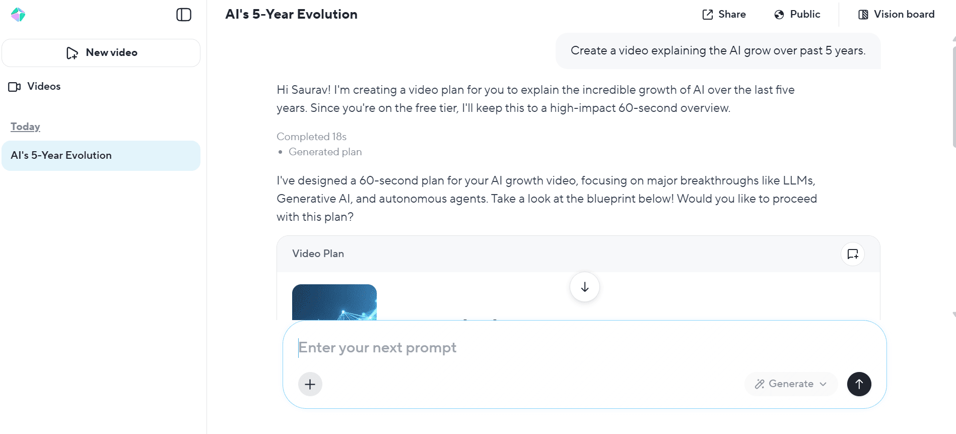 HeyGen AI video planning interface showing prompt-based workflow and automated video outline