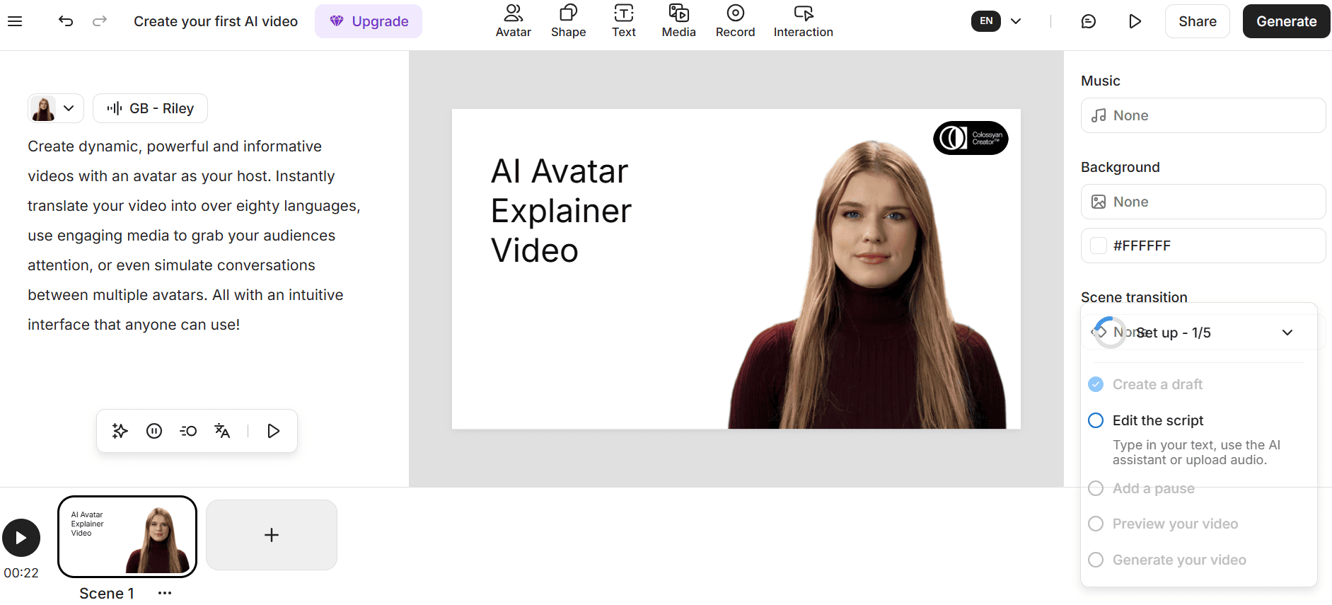 Colossyan AI video editor showing script-first workflow with slide and avatar composition
