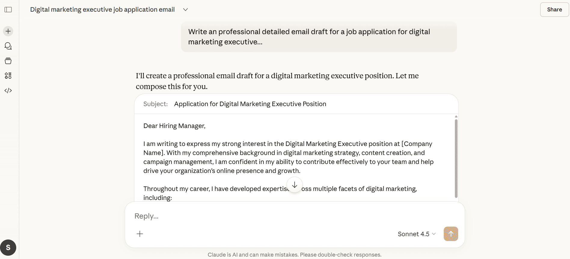 Claude AI chat interface generating a professional job application email draft