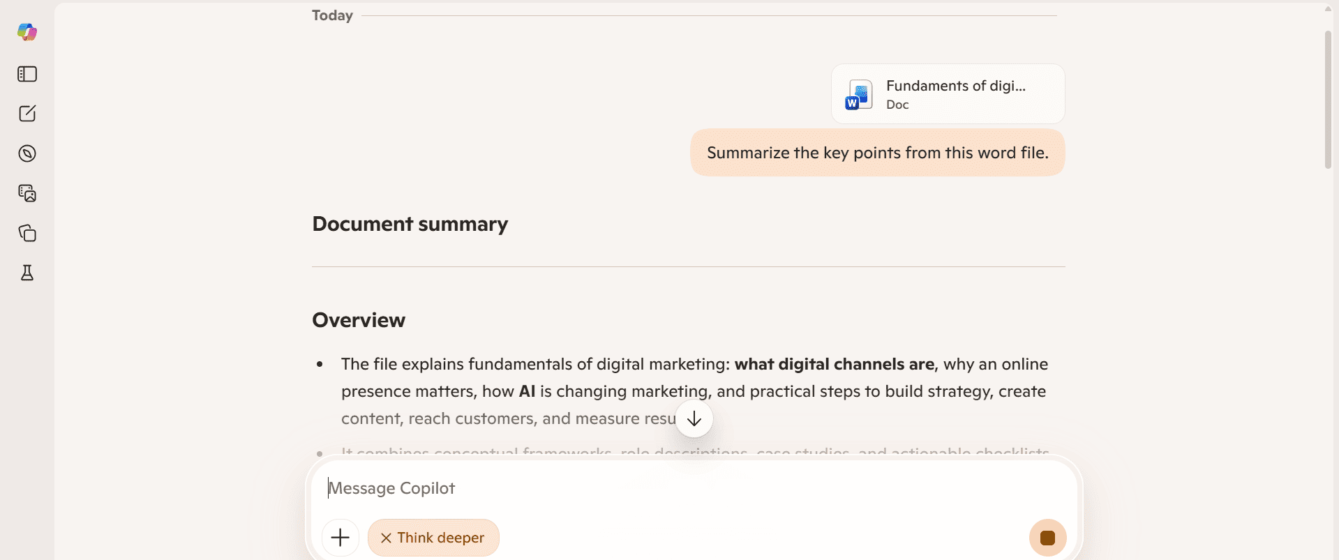Microsoft Copilot summarizing a Word document using Microsoft 365 integration
