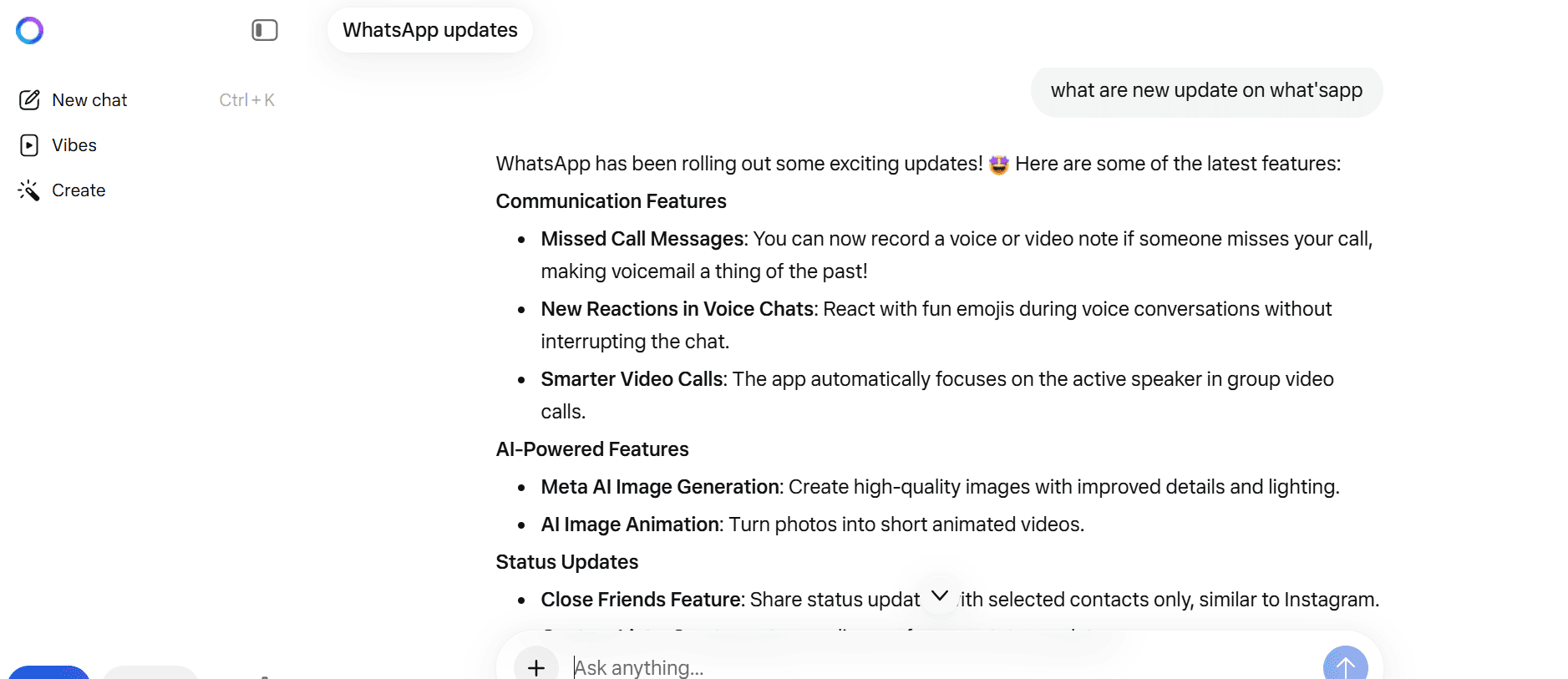 Meta AI assistant answering a casual question about WhatsApp updates