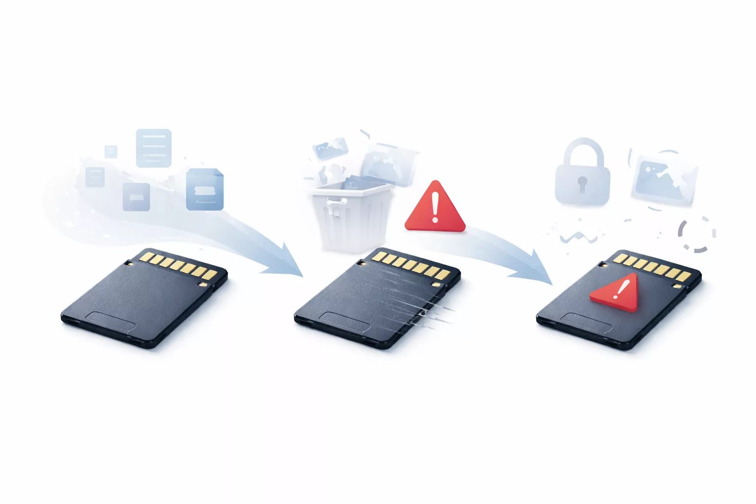 visual explanation of SD card data loss caused by deletion, formatting, or corruption