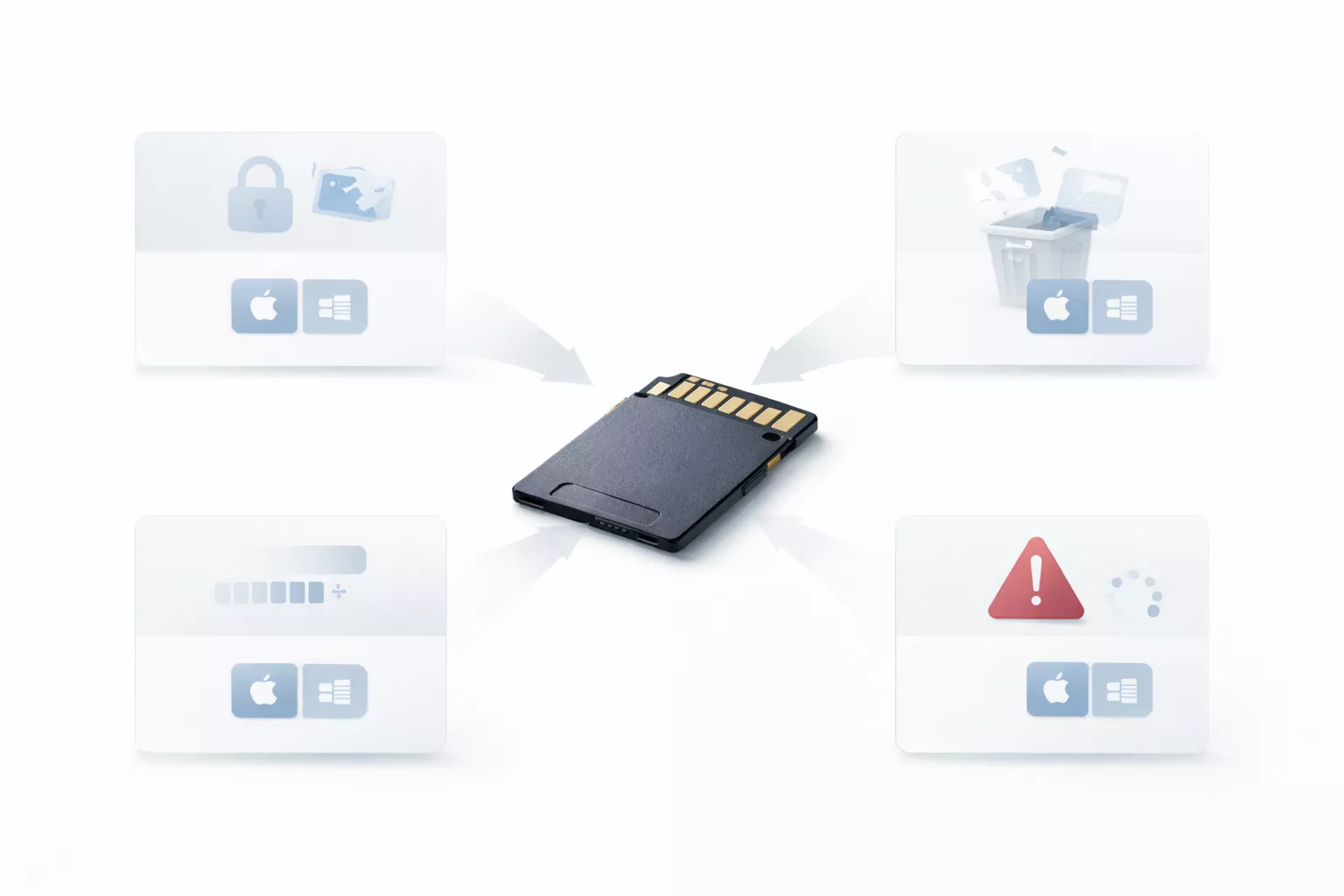 comparison illustration showing SD card data recovery software options for different recovery scenarios