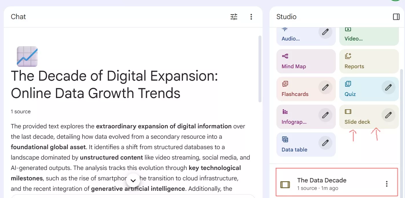 Generating a slide deck in NotebookLM using Studio tools